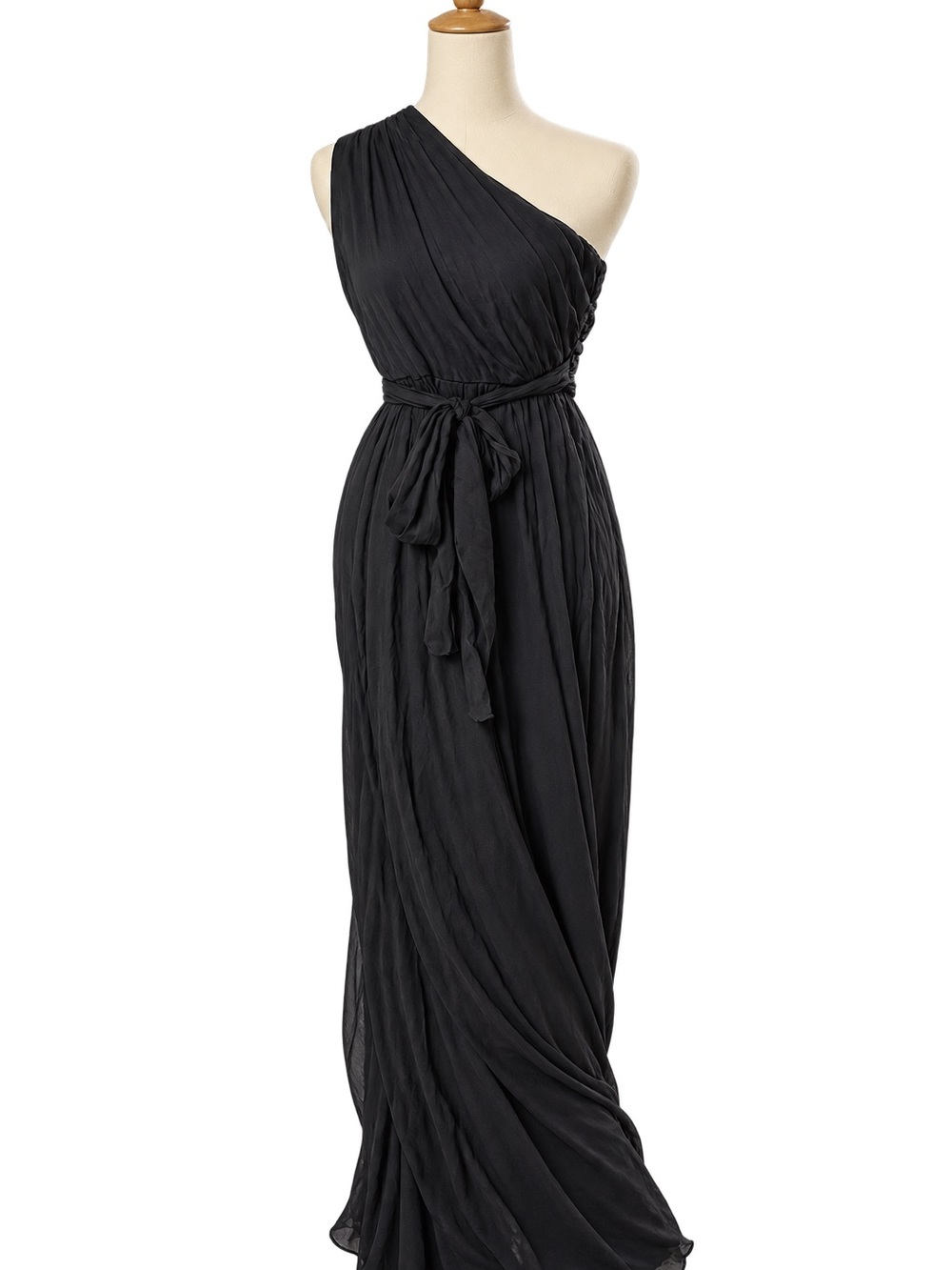 Elegant One-Shoulder Black Silk Maxi Dress